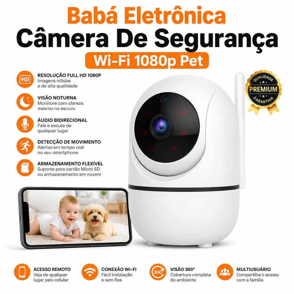 Babá Eletrônica Câmera De Seguraca Wi-Fi 1080p Pet Giratória Visão Noturna Infravermelho Microfone