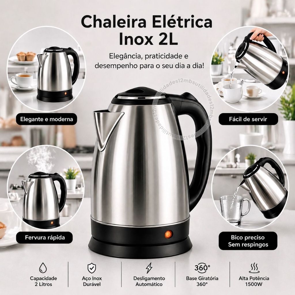 Chaleira Elétrica Inox 2 Litros Bivolt 110 v 220 v para Café Chá Aquecimento Rápido Cafeteira Chá