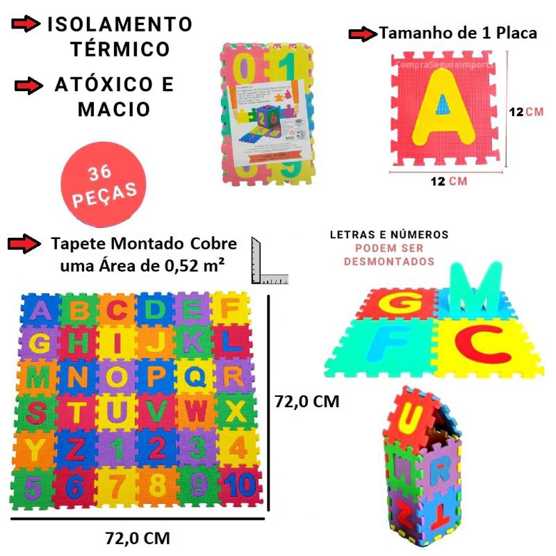Mini Tapete EVA Alfanumérico com 36 Peças Quebra Cabeça Educativo Colorido Letras e Números Promoção