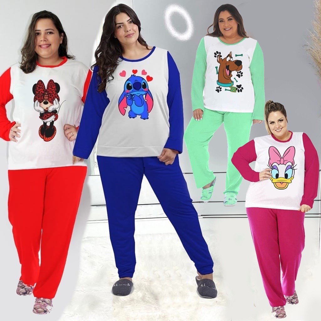 Pijama Feminino PLUS SIZE Barato Blusa e Calça Luxo Inverno Personagens