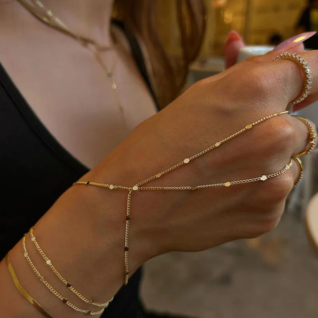 Pulseira de Mão (Hand Chain) Minimalista Duas Voltas | Semijoia Banhada a Ouro 18k ou Prata 925