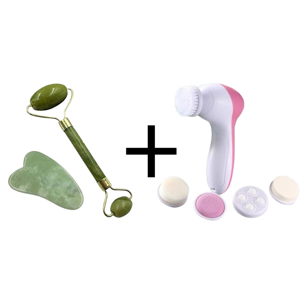 Kit Escova Facial Elétrica 5 em 1 + Rolo + PEDRA GUASHA Facial Pedra Esfoliante