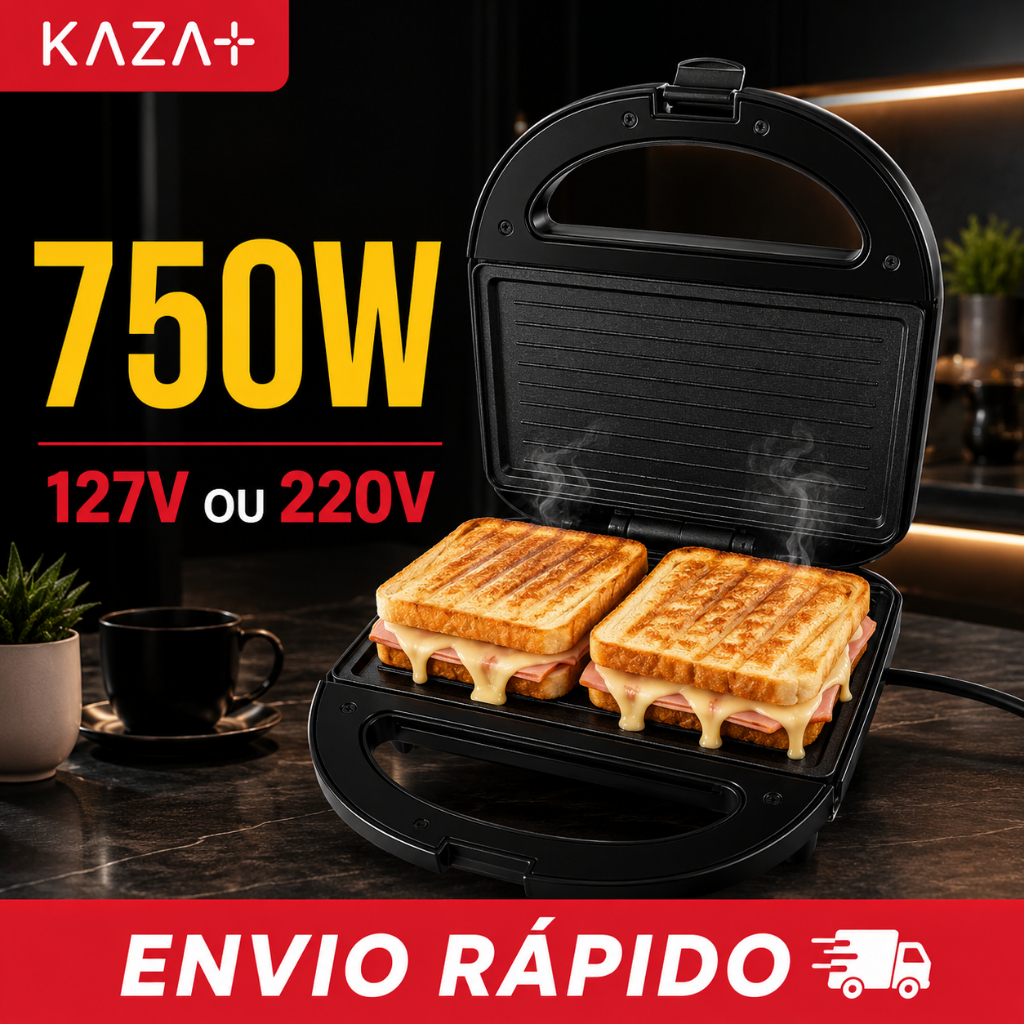 Sanduicheira Grill Elétrica Antiaderente 750 Watts Multifuncional 110V Ou 220V Prensa Dupla Preta