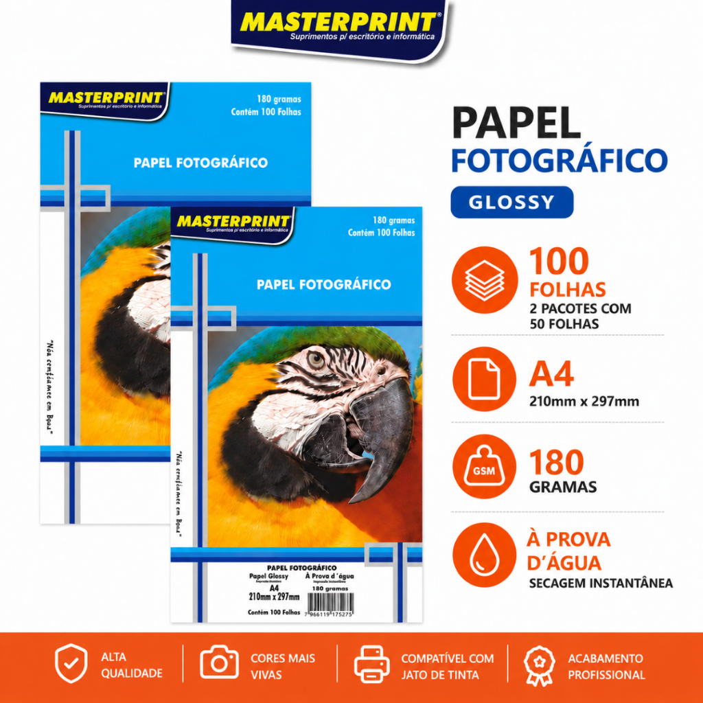 100 Folhas Papel Fotográfico A4 Brilhante 180g Premium Glossy Masterprint Impressão Jato de Tinta Impressoras HP EPSON