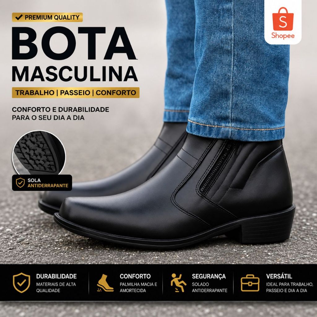 Bota Masculina Social Confortável Zíper Cano Baixo Moderna PretoMarrom
