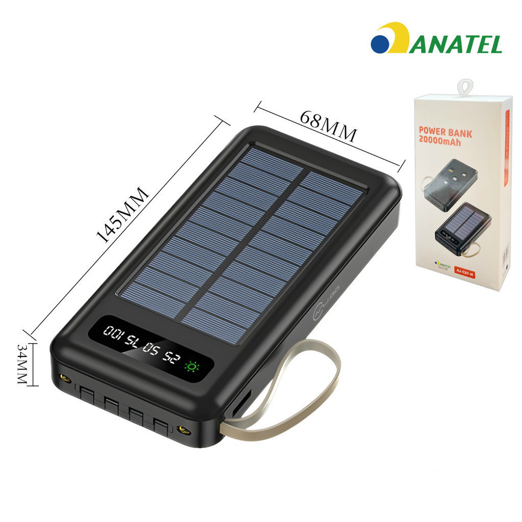 Carregador Portátil Solar 20000mAh Power Bank com Cabos Embutidos Display Digital USB Rápido