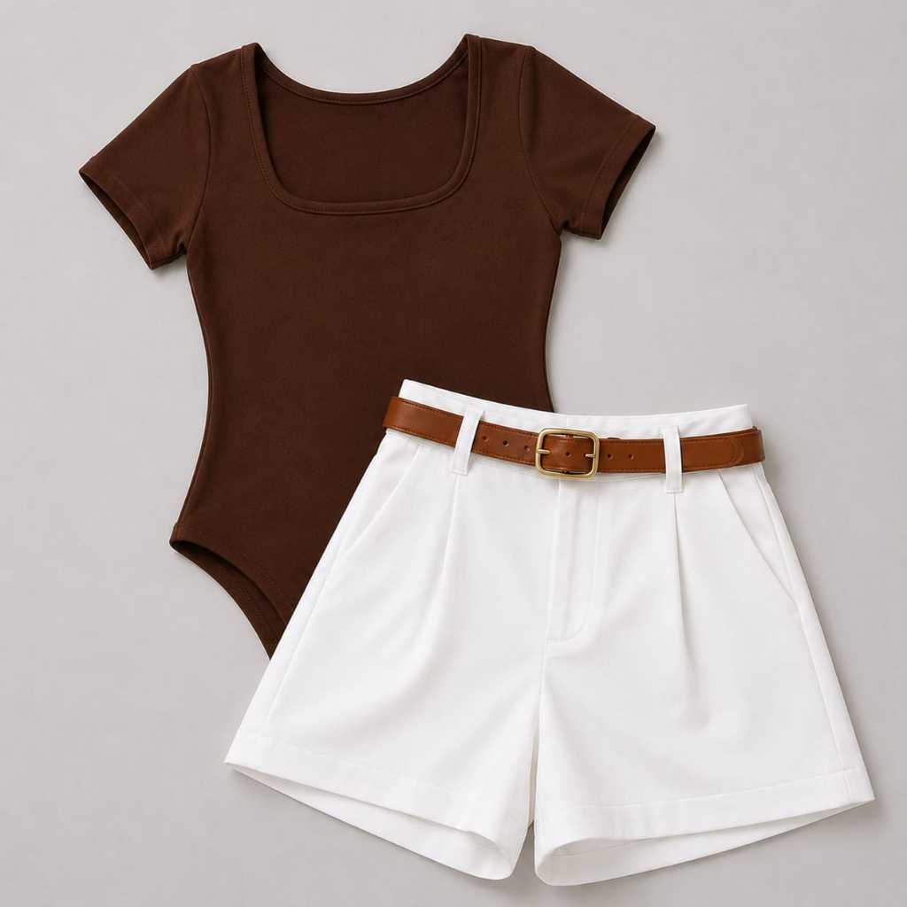 Conjunto Feminino Body Quadrado+Short Alfaiataria Com Bolso e Cinto Moda Casual