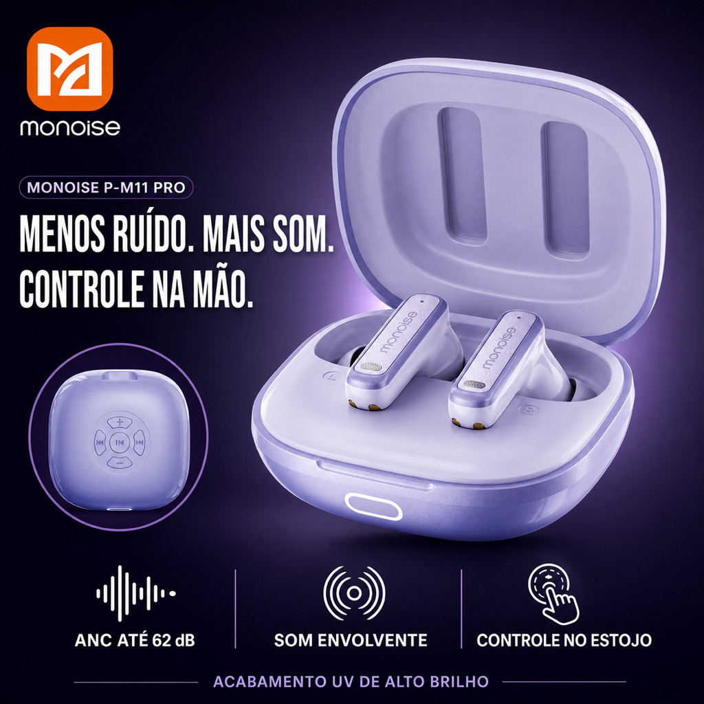 Fone Sem Fio Bluetooth Feminino Roxo Monoise com Microfone para Academia, Esporte e Treino, Leve, Compacto e Confortável