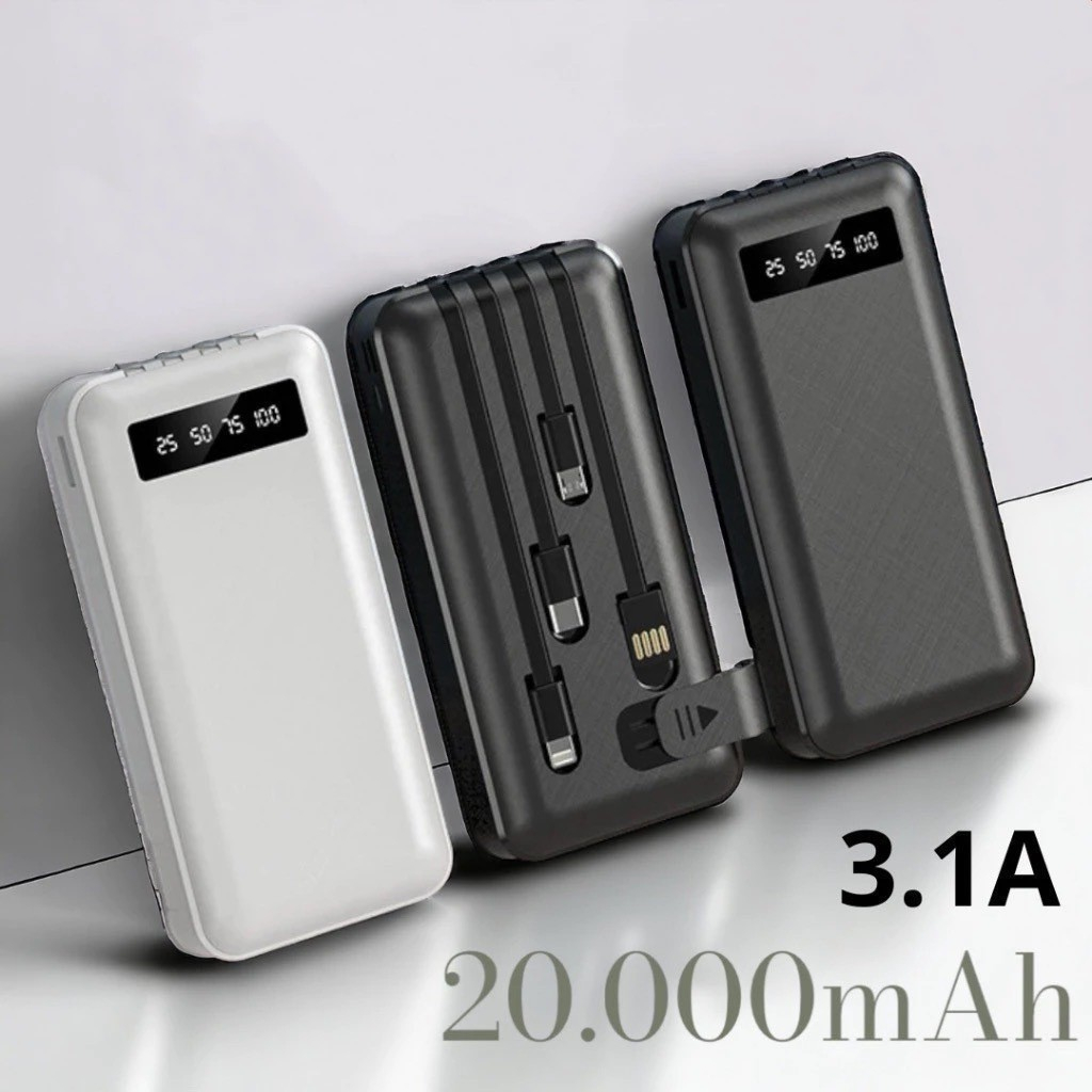Power Bank Portátil 20000mAh com 4 Cabos Carregador Universal para Celular, Mundial