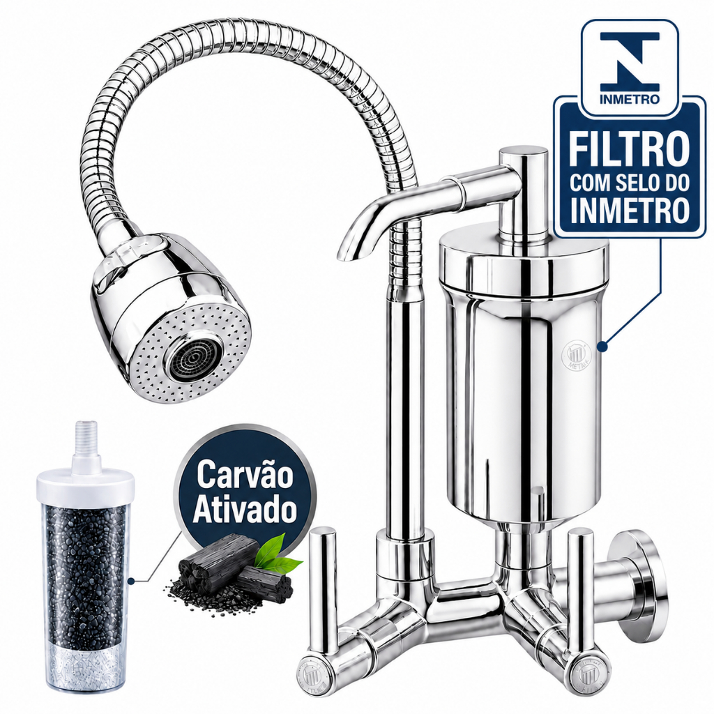 Torneira de Cozinha com Filtro Gourmet Flexível Refil Luxo 2 Jatos