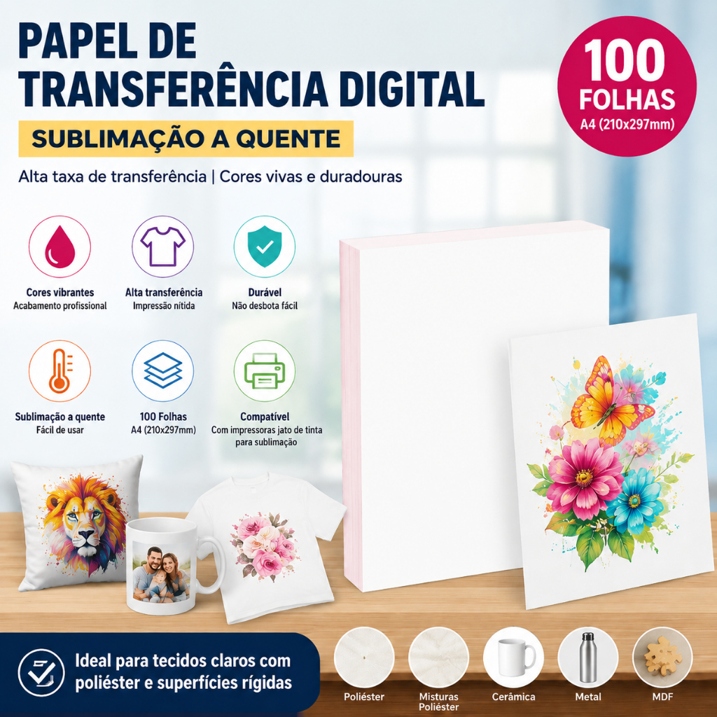 100 Folhas Papel Transfer Sublimação A4 Alta Transferência Para Impressora Jato de Tinta Camiseta Caneca