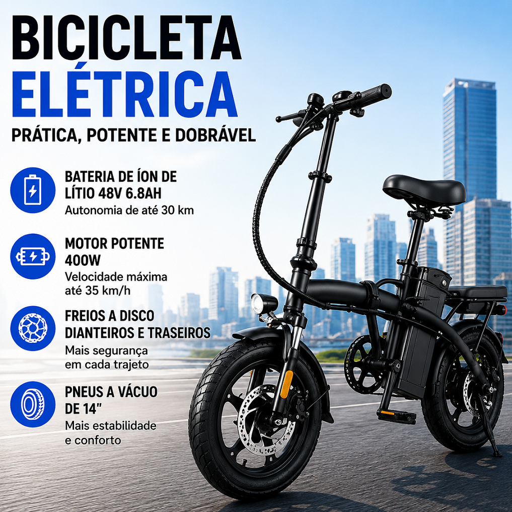 Bicicleta Elétrica Dobrável 400W 48V Bateria de Lítio Removível Até 35km/h Autonomia 30km Freio a Disco