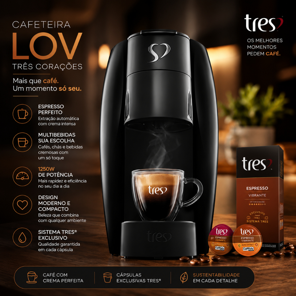 Cafeteira Espresso Três Corações LOV 1250W Máquina de Café Multibebidas Original 220V