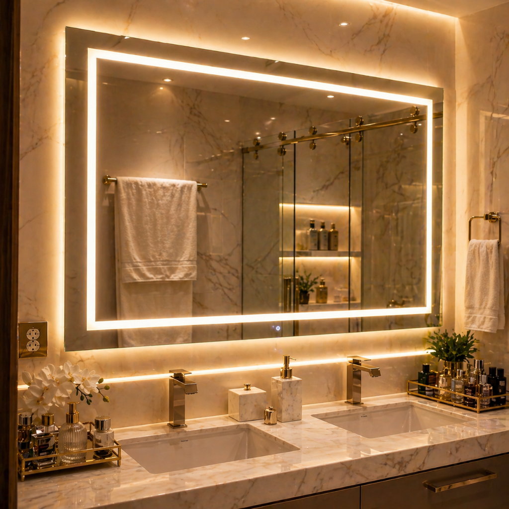 Espelho Camarim LED 120x70 Profissional Grande 3 Cores Luz Jateado Retangular Maquiagem Decorativo