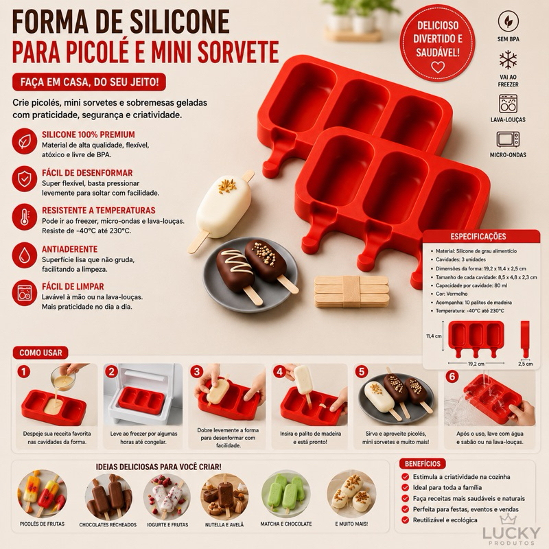 Forma de Sorvete Molde de Picolé de Silicone Com Tampa + Palitos