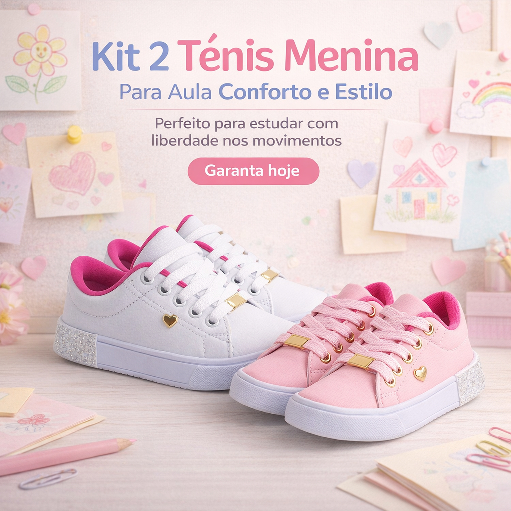Kit 2 Tênis Menina Para Aula | Conforto e Estilo, Perfeito Para Estudar Do 25 ao 36 | GARANTA AGORA!