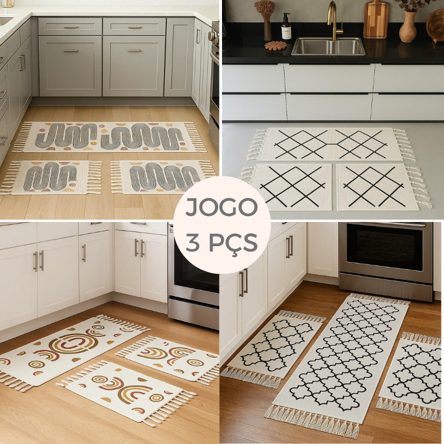 Kit 3 Tapetes Desenhos Cozinha Algodão Geométrico Moderno com Passadeira e Tapetes Laterais Top