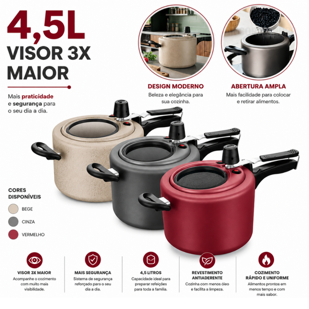 Panela de Pressão 4,5L Antiaderente com Visor de Vidro na Tampa 12cm Grande Grafite / Cereja / Perola 4,5 Litros MTA