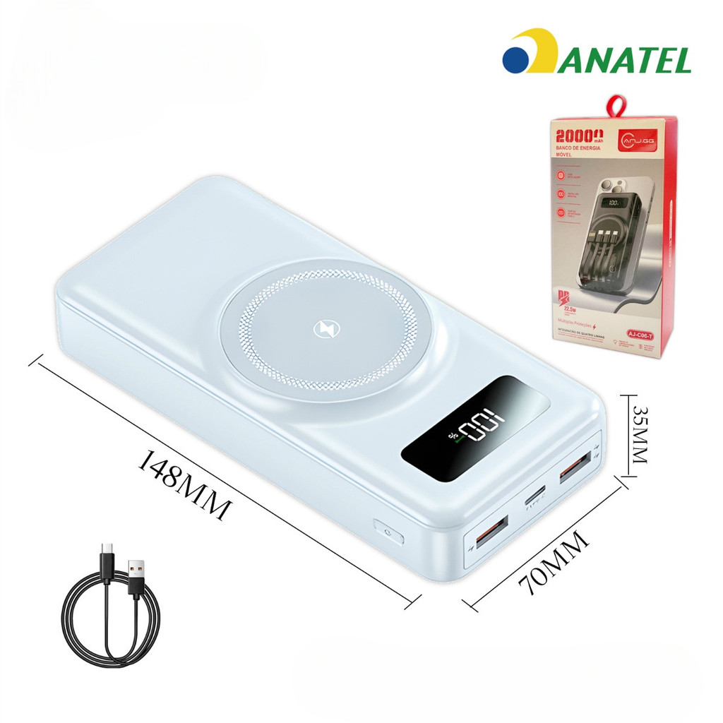 Power Bank 20000mAh Carregador Portátil Sem Fio e Com Fio Indução para iPhone Android USB