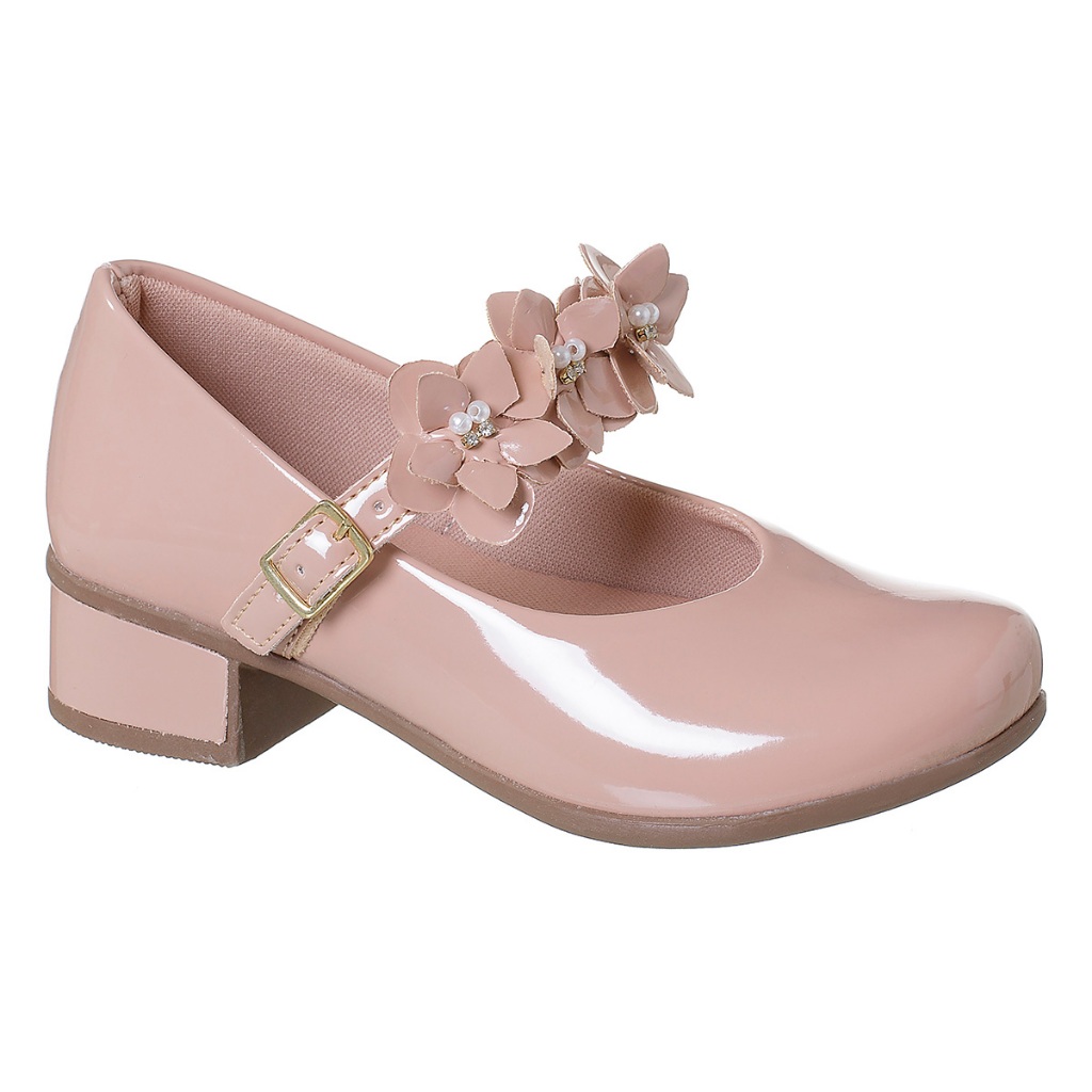 Sapatilha Infantil Feminina Saltinho Com Laço Flor Fivela Boneca Salto Baixo Moda Blogueira Confort