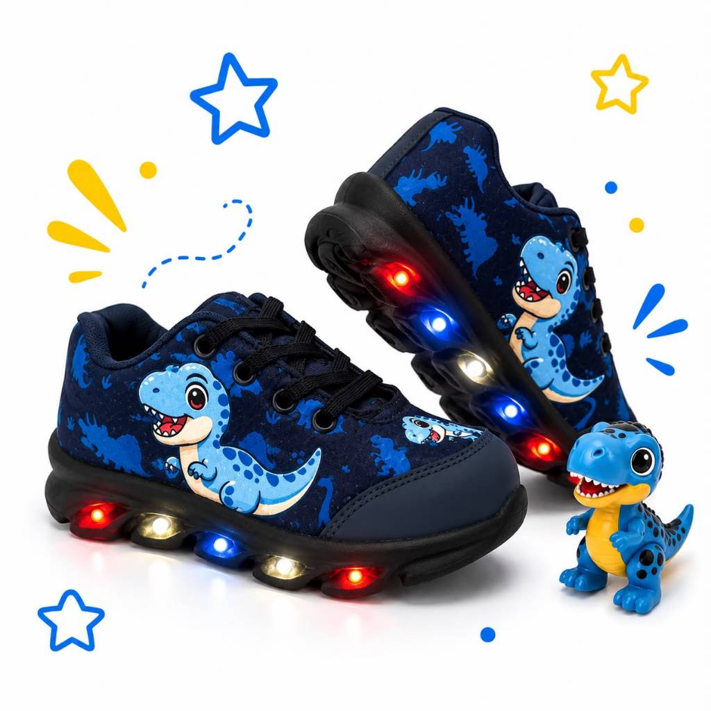 Tenis Infantil Led Dino T-REX Menino com Luizinha DINOSSAURO Envio Imediato lançamento !!! PRETO AZUL VERDE PROMOCAO
