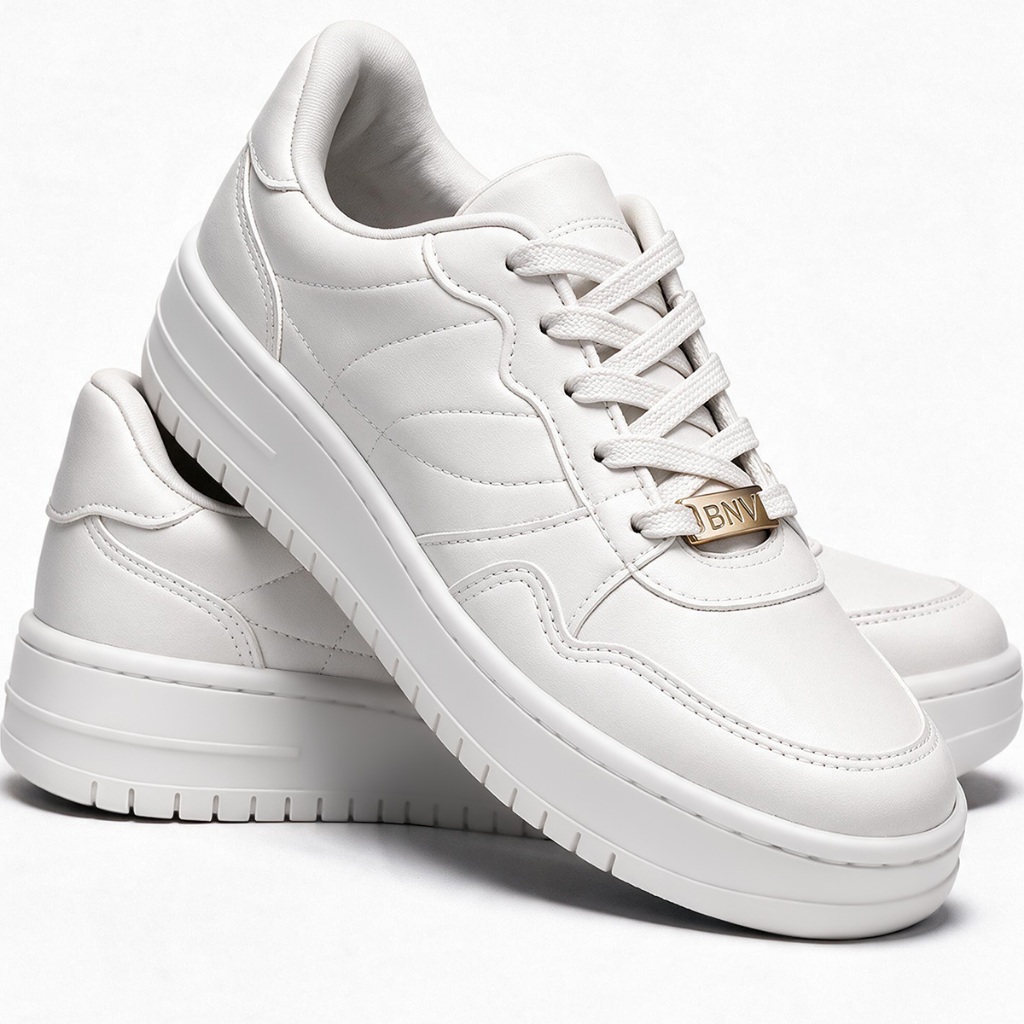 Tênis Feminino Casual Plataforma Benévola Branco Preto Macio Leve Confortável Dia a Dia Passeio