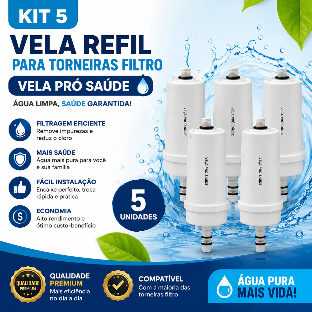 5 Vela Pró Saúde Original! Água mais limpa, elimina odores e cloro. Alta durabilidade. Kit com ótimo custo-benefício!